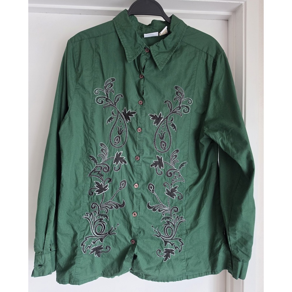 VTG Collections Etc. Womens Shirt L Floral Cotton Green Top Embroidery Applique